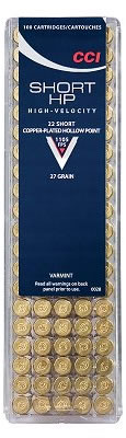 CCI Short HP Small Game Varmint Rimfire Ammunition 0028, 22 Short, Hollow Point (HP), 27 GR, 1105 fps, 100 Rd/bx
