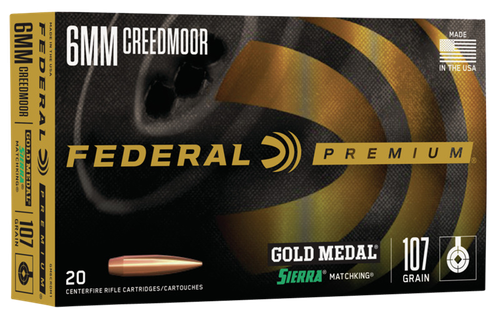 Federal Premium Gold Medal Rifle Ammunition GM6CRDM1, 6MM Creedmoor, Sierra MatchKing, 107 GR, 3000 fps, 20 Rd/Bx