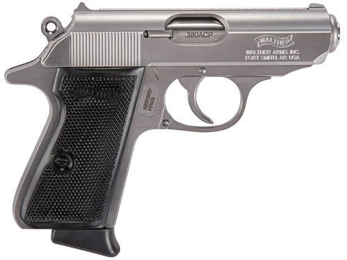 Walther PPK/S Semi-Auto Pistol 4796004, 380 ACP, 3.3", Black Plastic Grips, Stainless Finish, 7 Rd