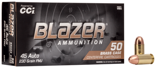 CCI Blazer Handgun Brass CF Brass Pistol Ammunition 5230, 45 ACP, Full Metal Jacket (FMJ), 230 GR, 830 fps, 50 Rd/bx