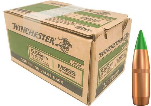 Winchester USA M855 Rifle Ammunition WM855150, 5.56mm NATO, Full Metal Jacket (FMJ) Green Tip, 62 GR, 150 Rd/bx