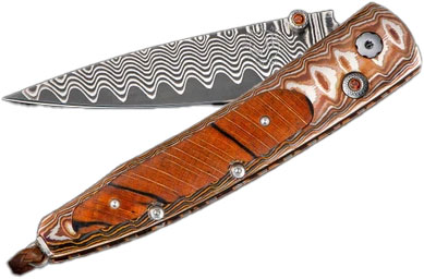 William Henry Lancet  Taos Folding Knife, Wave Damascus Blade, Wave Mokume and Beech Wood Handle (B10TAOS)