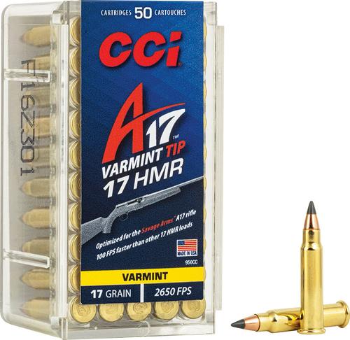 CCI Varmint Tip Ammunition 950CC, .17 HMR, Jacketed Polymer-Tip V-Max, 17 GR, 2550 fps, 50 Rd/bx