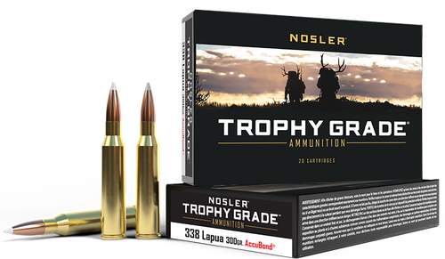 Nosler Trophy Grade Rifle Ammunition 49323, 338 Lapua Magnum, AccuBond, 300 GR, 2650 fps, 20 Rd/Bx