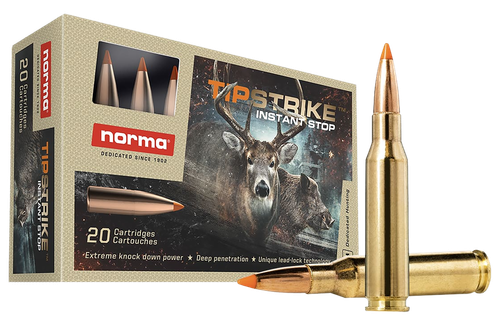Norma Tipstrike Rifle Ammunition 20170362, 7mm-08 Rem, Polymer Tip, 160 gr, 2690 fps, 20 Rd/Bx
