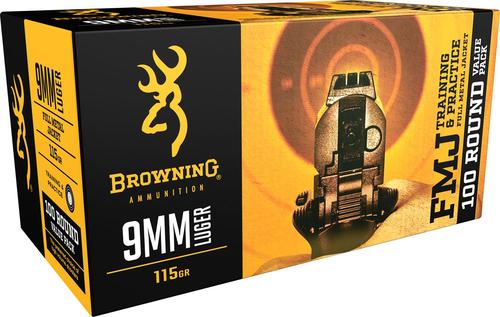 Browning Training & Practice Pistol Ammunition B191800094, 9mm, Full Metal Jacket, 115 GR, 1000 fps, 100 Rd/Bx