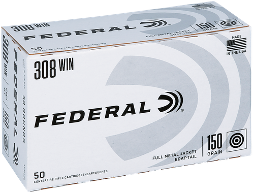 Federal Cartridge American Eagle Rifle Ammunition AE308DB, 308 Win, Full Metal Jacket (FMJ), 150 GR, 2820 fps, 50 Rd/bx
