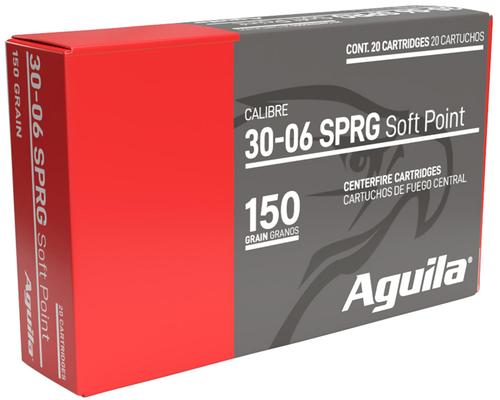 Aguila Rifle Ammunition 8108AG, 30-06 Springfield, InterLock Boat Tail Soft Point, 150 gr, 2900 fps, 20 Rd/Bx