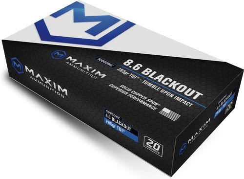 Maxim Defense Tumble Upon Impact (TUI) Rifle Ammunition, 8.6 Blackout, 285 GR, Solid Copper Spun, 20 Rd/Bx