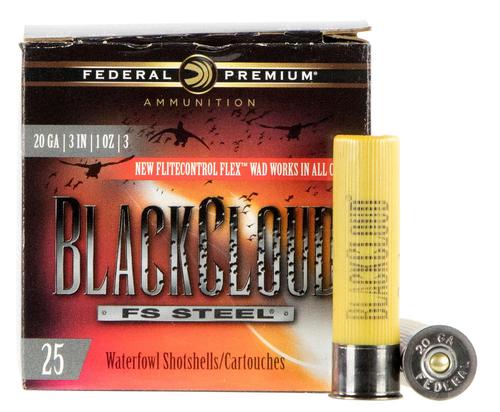 Federal Black Cloud FS Steel Shotshells PWBX2093, 20 Gauge, 3", 1350 fps, #3 Steel Shot, 25 Rds/bx