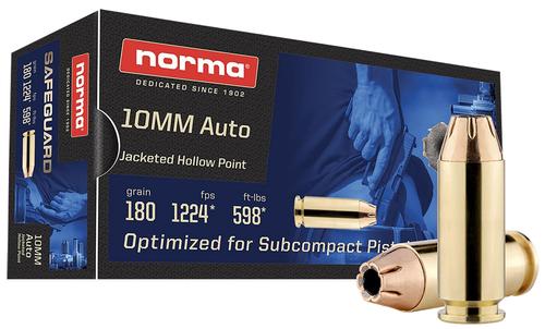 Norma Safeguard Pistol Ammunition 801109265, 10mm Auto, JHP, 180 gr, 1224 fps, 50 Rd/Bx