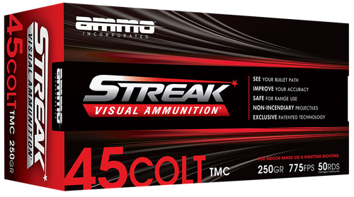 Ammo Inc Streak Visual (RED) Pistol Ammunition 45C250TMCSTRKRED50, 45 Colt, Total Metal Case, 250  GR, 775  fps, 50 Rd/bx