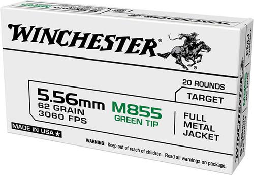 Winchester USA Rifle Ammunition USA855K, 5.56x45mm NATO, Full Metal Jacket Lead Core (FMJLC), 62 gr, 20 Rd/Bx