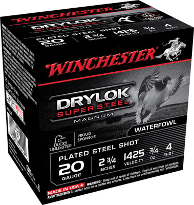 Winchester Super X Dryloc Plated XS204, 20 Gauge, 2-3/4", 3/4 oz, 1425 fps, #4 Steel Shotshells Shot, 25 Rds/Bx