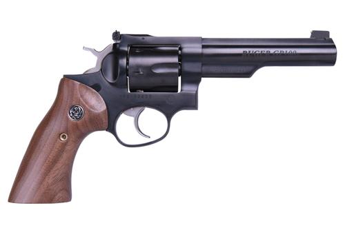 Ruger GP100 Revolver 1768, 357 Mag/38 Special, 5in, Smooth Walnut Grips, Blued Finish, Gold Bead Front Sight, 6 Rds