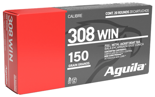 AGUILA Rifle Ammunition 1E308110, 308 Winchester, Full Metal Jacket, 150 GR, 2750 fps, 20 Rdbx