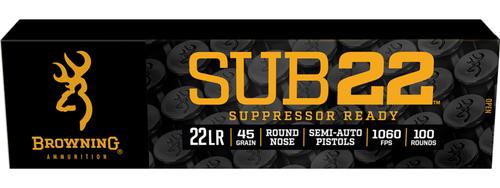 Browning SUB22 Rimfire Ammunition B194122102, 22 LR, Round Nose, 45 gr, 1060 fps, 100 Rds/Bx