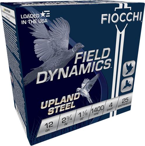 Fiocchi Field Dynamics Upland Steel Shotshells 12HVST4, 12 Gauge, 2-3/4", 1 1/8 oz, 1400 fps, #4 Steel Shot, 25 Rds/box