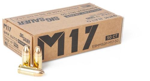 Sig Sauer Elite Performance Pistol Ammunition E9MMB2PM1750, 9mm +P, FMJ, 124 GR, 1198 fps, 50 Rd/bx