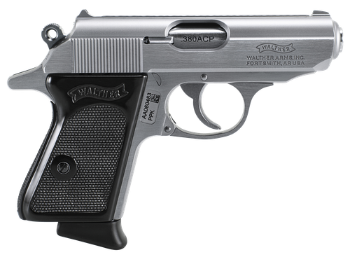 Walther PPK Semi-Auto Pistol 4796001, 380 ACP, 3.3", Black Plastic Grips, Stainless Finish, 6 Rd