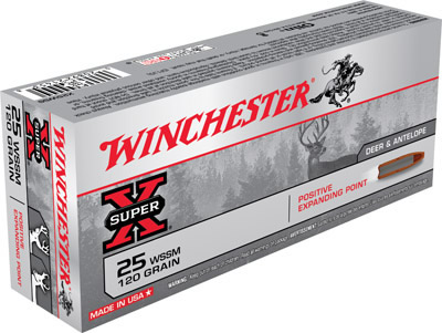 Winchester Super-X Rifle Ammunition, 25 WSSM, Positive Expanding Point, 120 GR, 2990 fps, 20 Rd/bx