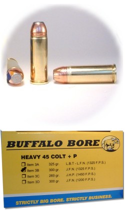 Buffalo Bore Handgun Ammunition 3B/20, 45 Colt +P, Jacketed Flat Nose (FN), 300 GR, 1325 fps, 20 Rd/Bx