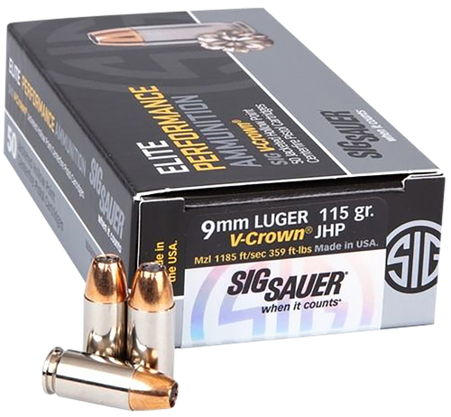 Sig Match Elite Pistol Ammunition E9MMA1COMP50, 9mm Luger, V Crown JHP, 115 gr, 1185 fps, 50 Rd/Bx