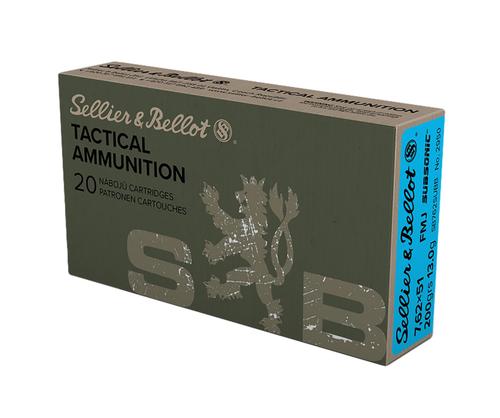 Sellier & Bellot Rifle Ammunition SB762SUBB, 308 Win, Full Metal Jacket Subsonic, 200 gr, 1030 fps, 20 Rd/Bx