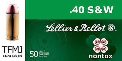 Sellier & Bellot Pistol Ammunition SB40NT, 40 Smith & Wesson, Full Metal Jacket (FMJ), 180 GR, 985 fps, 50 Rd/bx