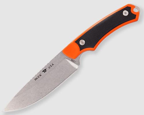 Buck Knives 0663ORS-B, 663 Alpha Guide Select Knife, satin finish, drop point blade, lack polyester sheath, leather accent with Buck logo