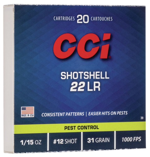CCI Shotshell Small Game Rimfire Ammunition 0039, 22 Long Rifle, #12 Shot, 31 GR, 1000 fps, 20 Rd/bx