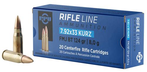 Prvi Partizan Rifle Ammunition, 7.9x33mm Kurz, Full Metal Jacket Boat Tail, 124 gr, 2250 fps, 20 Rd/Bx