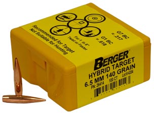 Berger Hybrid Target Bullets 6.5mm, .264 Diameter, 140 Grain, 100 Per Box (26414), Not Loaded