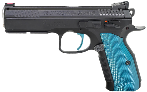 CZ-USA Shadow 2 Pistol 91044, 9mm Luger, 4.89in, Blue Checkered Aluminum, Black Polycoat Finish, 17 Rds
