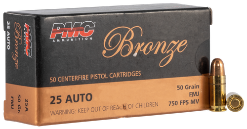 PMC Bronze Line Pistol Ammunition 25A, 25 ACP, Full Metal Jacket (FMJ), 50 GR, 750 fps, 50 Rd/bx