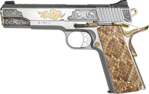 Custom & Collectible Kimber 1911 Rattler Pistol CNCRATTLER, 45 ACP, 5in, Genuine Snakeskin Grips, Stainless w/Gold Accents Finish, 7 Rds