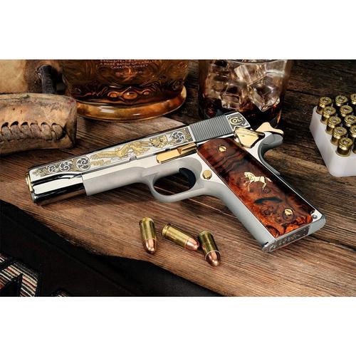 Colt 1911 Government Gadsden Pistol SKC-LSA-GADS-45, 45 ACP, 5 in, Desert Ironwood Grips, Stainless Polished Engraved Finish, 8 Rd
