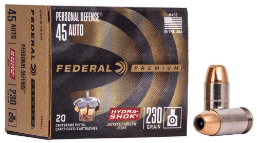 Federal Premium Vital-Shok Pistol Ammunition P45HS1, 45 ACP, Hydra-Shok JHP (JHP), 230 GR, 890 fps, 20 Rd/bx