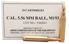 Armscor Precision M193 BALL Rifle Ammunition 50174, 5.56mm NATO, Full Metal Jacket, 55 GR, 3165 fps, 20 Rd/box