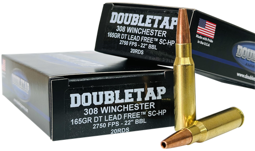 DoubleTap Rifle Ammunition 308W165X, 308 Win, Lead Free Hollow Point, 165 GR, 2800 fps, 20 Rd/bx