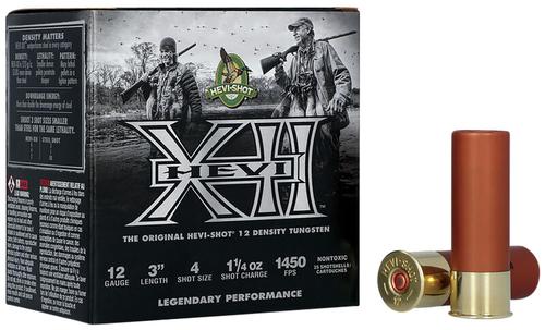 HEVI-Shot HEVI-XII Shotshells HS53304, 12 Gauge, 3", 1 1/4 oz, 1450 fps, #4 Shot, 25 Rds/box