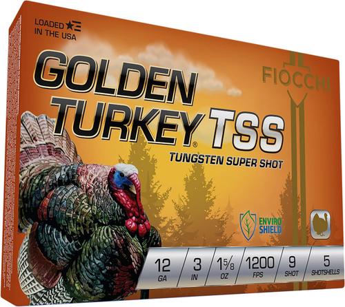 Fiocchi Golden Turkey TSS Shotshells 123TSS9, 12 Gauge, 3", 1 5/8 oz, 1200 fps, #9 Steel Shot, 5 Rds/box
