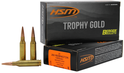 HSM Ammo Trophy Gold Extended Range Rifle Ammunition 260130VLD, 260 Rem, Berger Hunting VLD Match, 130  GR, 2784  fps, 20 Rd/bx