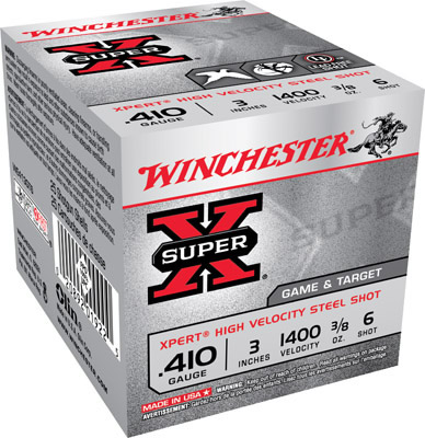 Winchester Xpert Upland Steel Shotshells WE413GT6, 410 Gauge, 3 in, 3/8 oz, 1400 fps, #6 Steel Shotshells Shot, 25 Rds/Bx