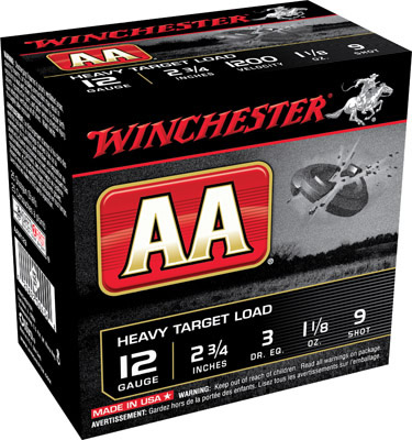 Winchester AA Heavy Target AAM129, 12 Gauge, 2-3/4", 1-1/8 oz, 1200 fps, #9 Lead Shot, 25 Rds/Bx