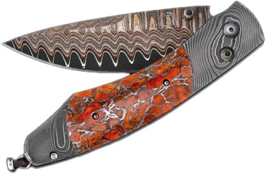 William Henry Spearpoint Liquid Sky Folding Knife, Copper Wave Damascus Blade, Etched Damascus and Zine Matrix Apple Coral Handle (B12LIQUIDSKY)