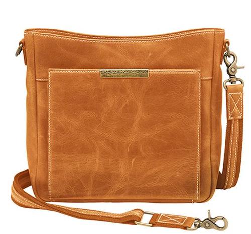 Gun Tote'n Mamas Distressed Leather Slim X-Body RFID Purse Carmel Fits Small Pistols & Revolvers, Ambidextrous Hand