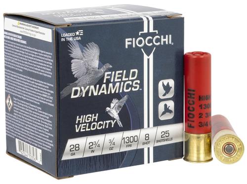 Fiocchi High Velocity 28HV8, 28 Gauge, 2-3/4", 3/4 oz, 1300 fps, #8 Lead Shot, 25 Rds/Bx