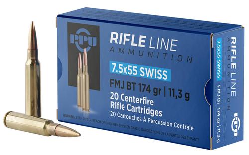 Prvi Partizan Rifle Ammunition PP7SF, 7.5x55mm Swiss, Full Metal Jacket Boat Tail, 174 gr, 2525 fps, 20 Rd/Bx