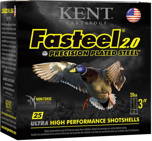 Kent Fasteel 2.0 Precision Plated Steel Shotshells K203FS242, 20 Gauge, 3", 7/8 oz, 1550 fps, #2 Shot, 25 Rds/Bx